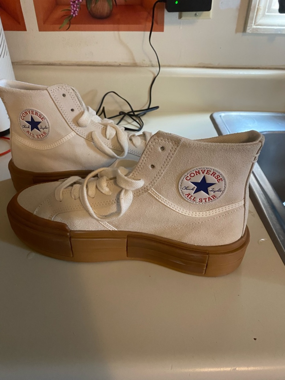 Converse Women’s White High Top Sneakers with Gum Sole